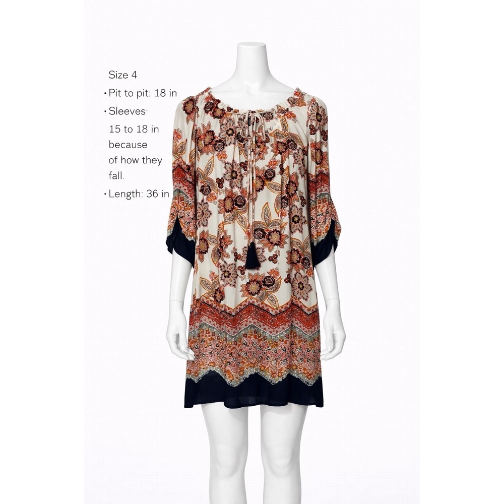En Focus Studio Dress Women 4 Cream Orange Deep Navy Floral Boho Tassel Shift